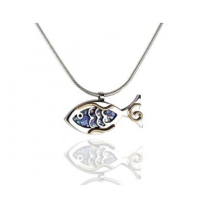 Fish Pendant in Sterling Silver & Roman Glass with Gold-Plated Decoration-Rafael Jewelry Jewish Necklaces
