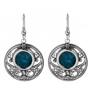 Round Sterling Silver Earrings with Eilat Stone and Swirling Carvings-Rafael Jewelry Israeli Jewelry Designers