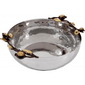Deep Stainless Steel Bowl with Pomegranate Design by Yair Emanuel Modern Judaica
