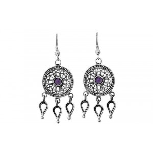 Round Sterling Silver Earrings with Drops & Amethyst by Rafael Jewelry Jewish Jewelry