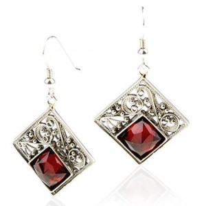 Square Earrings with Garnet in Sterling Silver by Rafael Jewelry Jewish Jewelry