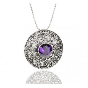Round Pendant in Sterling Silver with Amethyst and Filigree Design by Rafael Jewelry Israeli Jewelry Designers