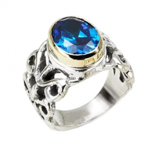 Sterling Silver Ring with Carvings and Blue Topaz Stone Jewish Jewelry