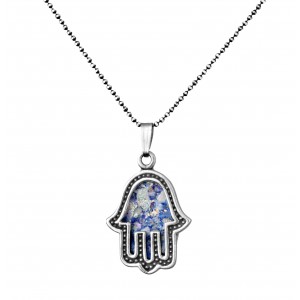 Hamsa Pendant in Sterling Silver with Roman Glass by Rafael Jewelry Jewish Jewelry