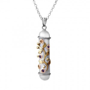 Sterling Silver Amulet Pendant with Gems and Yellow Gold leaves by Rafael Jewelry Jewish Necklaces