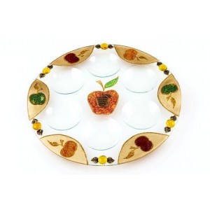 Rosh Hashanah Seder Plate with Apple Motif in Glass Traditional Rosh Hashanah Gifts