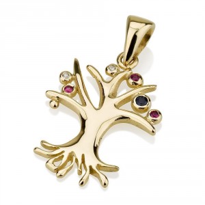 Tree of Life Pendant 14K Yellow Gold With Gemstones by Ben Jewelry Jewish Jewelry