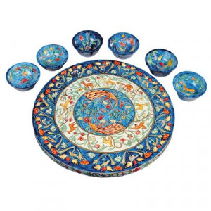 Yair Emanuel Wooden Passover Seder Plate with Peacocks Seder Plates