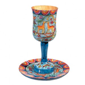 Yair Emanuel Large Wooden Kiddush Cup and Saucer with Oriental Design Modern Judaica
