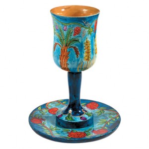 Yair Emanuel Large Wooden Kiddush Cup and Saucer with The Seven Species Modern Judaica