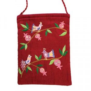 Embroidered Maroon Handbag with Bird and Pomegranate Motif by Yair Emanuel Artists & Brands