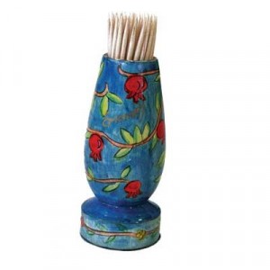 Yair Emanuel Painted Wooden Toothpick Stand with Pomegranates Modern Judaica