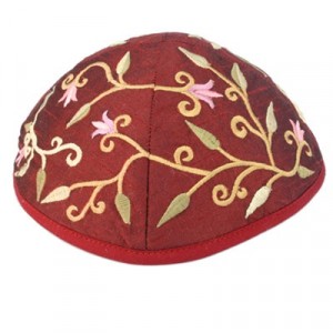 Yair Emanuel Magenta Machine Embroidered Kippah with Floral Design Jewish Occasions
