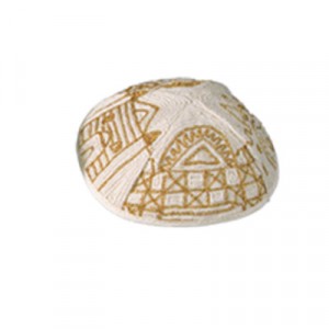 Yair Emanuel White and Gold Cotton Hand Embroidered Kippah with Jerusalem Motif Modern Judaica
