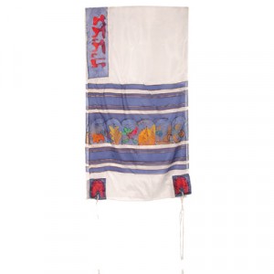 Yair Emanuel Hand Painted Tallit with Twelve Tribes Insignia in White Silk Modern Judaica