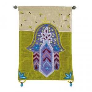 Yair Emanuel Green Raw Silk Embroidered Wall Decoration with Hamsa and Flowers Modern Judaica