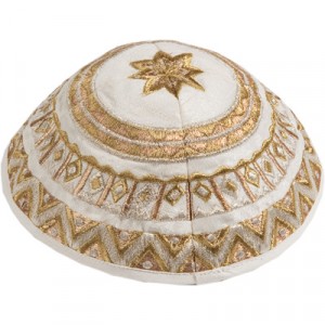 White Kipah by Yair Emanuel with Gold Geometric Embroidery Kippot