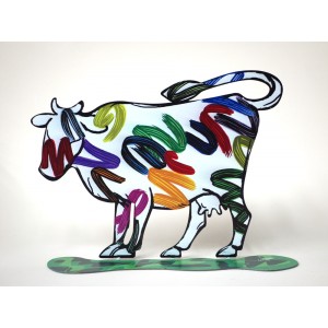 David Gerstein Nava Cow Sculpture with Bright Painted Lines David Gerstein