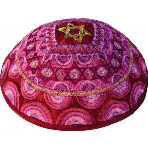 Yair Emanuel Kippah with Gold Star of David and Red Embroidered Decorations Modern Judaica