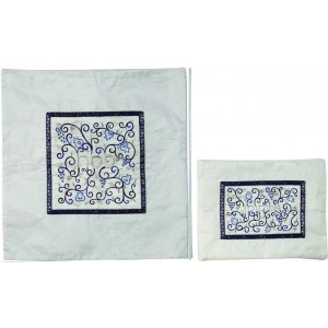 Yair Emanuel Matzah Cover Set with Embroidered Pomegranates in Blue on White Afikoman Bags