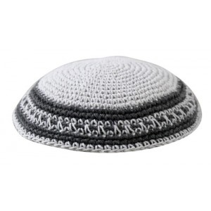 White Knitted Kippah with Thick Slate Gray Lines and Thin Dotted Line Jewish Occasions
