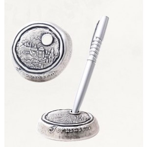 Silver Pen Holder with Old City of Jerusalem Medallion and Important Landmarks Jewish Home