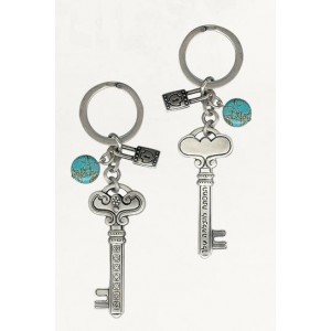 Silver Keychain with Skeleton Key Design, Turquoise Discs and Small Locks Key Chains