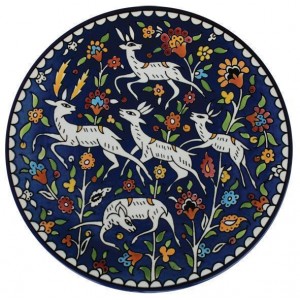 Armenian Ceramic Plate with Sprinting Gazelles & Flowers Jewish Home