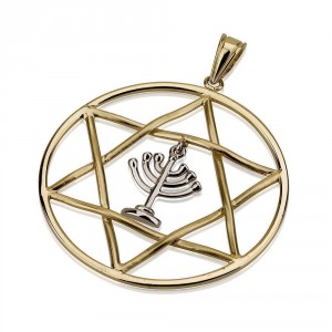 Star of David Disc Pendant with Menorah in 14k Two-Tone Gold Jewish Jewelry