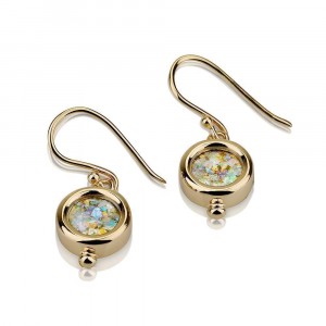 Earrings in Round Design and Roman Glass in 14k Yellow Gold Jewish Jewelry