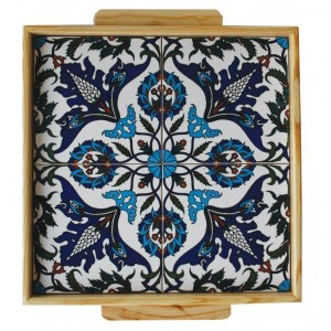 Armenian Wooden Tray with Tulip Floral Motif Jewish Home Decor