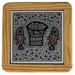 Armenian Wooden Coaster with Mosaic Fish & Bread Jewish Kitchen & Tableware