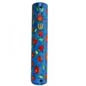 Hand painted Mezuzah with Small Pomegranates in Wood-Yair Emanuel Artists & Brands