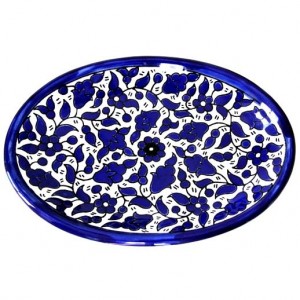 Armenian Ceramic Oval Plate Blue and White Floral Design Jewish Home