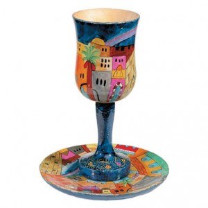Yair Emanuel Large Wooden Kiddush Cup and Saucer with Jerusalem Depictions Jewish Occasions