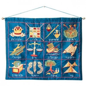 Yair Emanuel Raw Silk Embroidered Wall Decoration with 12 Tribes in Blue Jewish Home Decor