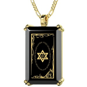 Gold Plated and Onyx Tablet Necklace for Men with Micro-Inscribed Shema Inside Star of David Jewish Jewelry