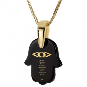 Gold Plated Onyx Stone Necklace with Evil Eye & Positivity Hamsa Design  Kabbalah Jewelry