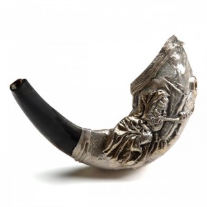 Polished Ram Horn Shofar with Sterling Silver Decorative Plates (Man Blowing Shofar) Traditional Rosh Hashanah Gifts