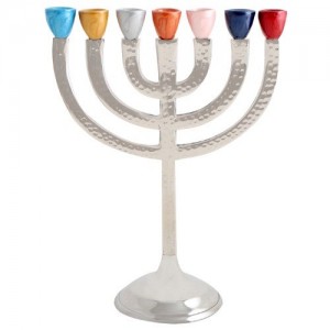 Multicolored Seven-Branched Aluminum Menorah With Hammered Finish Candelabras