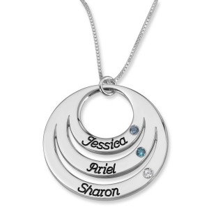 Sterling Silver Open Disk Name Necklace With Birthstones for Mom (Hebrew/English) Default Category