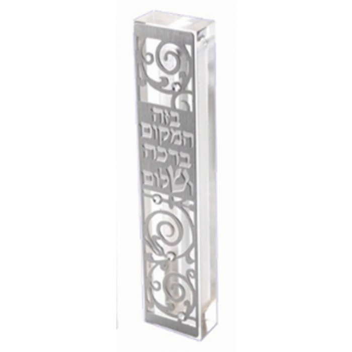 Clear Mezuzah with Swirl Design & Hebrew Text with Silver Gems 