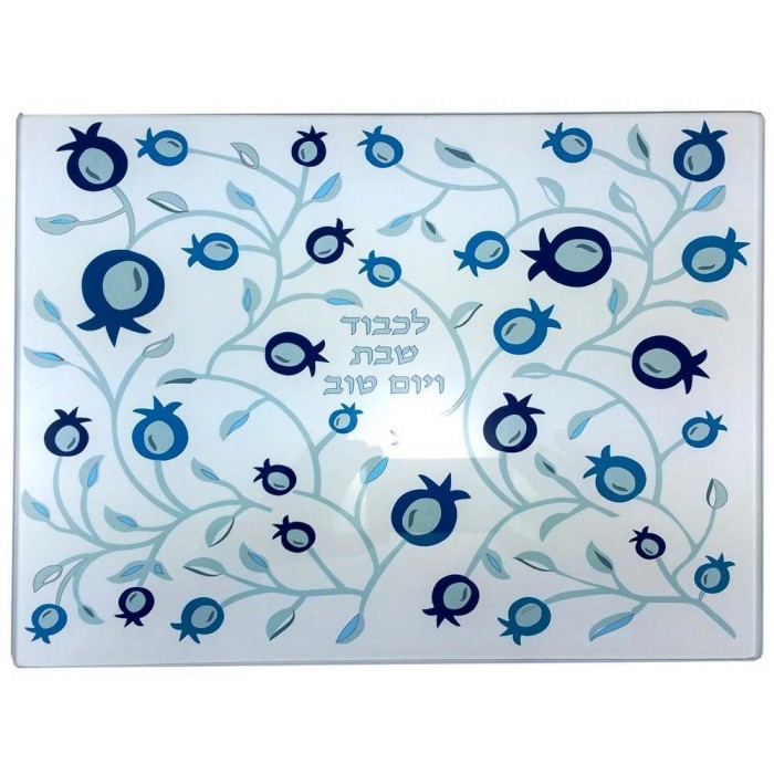 Glass Challah Board with Blue Pomegranates 