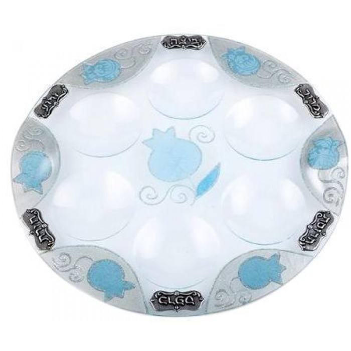Glass Seder Plate with Pomegranates in Silver & Blue
