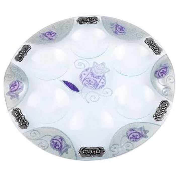 Glass Seder Plate with Silver Pomegranates & Purple Accent