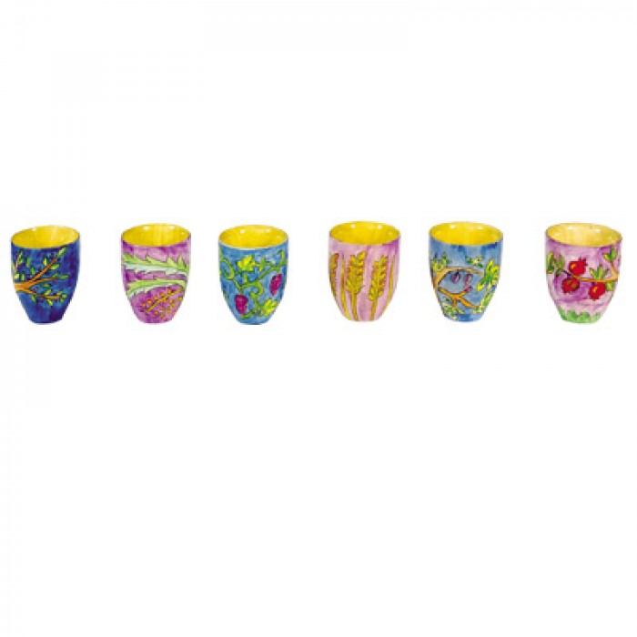 Yair Emanuel 6 Wooden Kiddush Cup Set with The seven Species