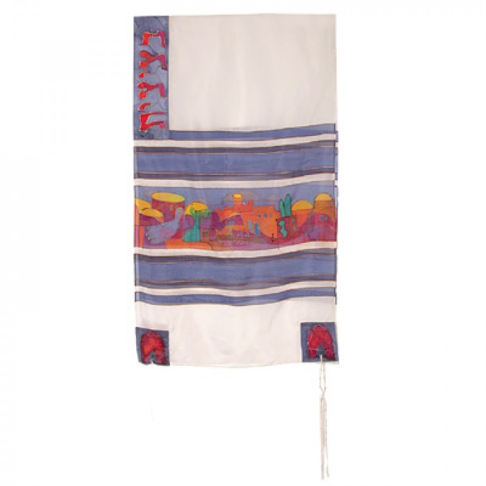 Yair Emanuel Hand Painted Tallit with Jerusalem and Dove in White Silk