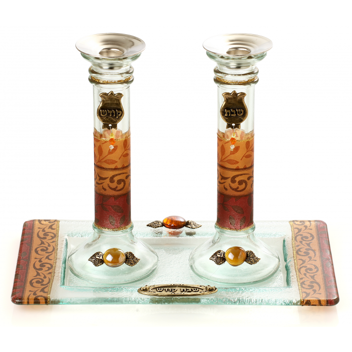 Glass Shabbat Candlesticks of Brown Leaves and Accompanying Tray