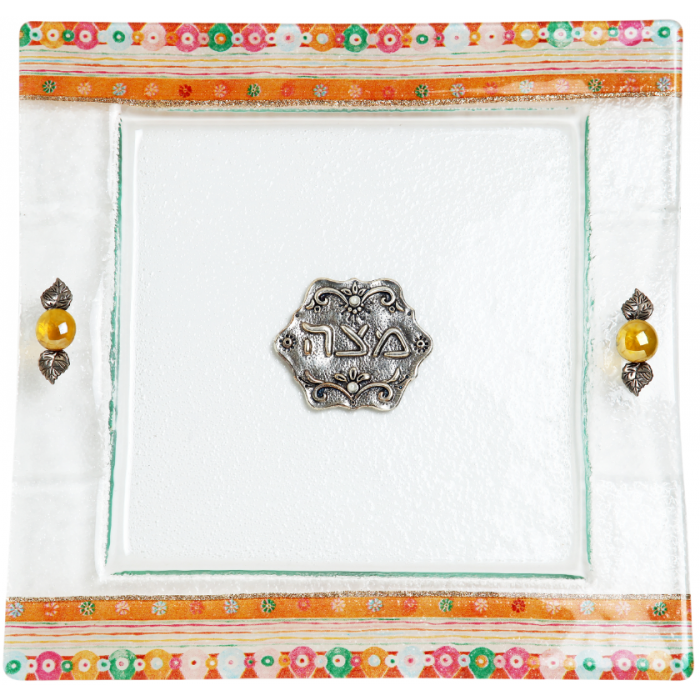 Glass Matzah Plate with Bright Floral Decorations
