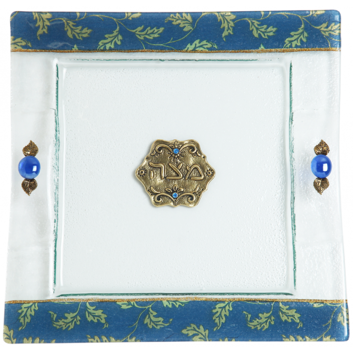 Glass Matzah Plate with Leaves on Blue